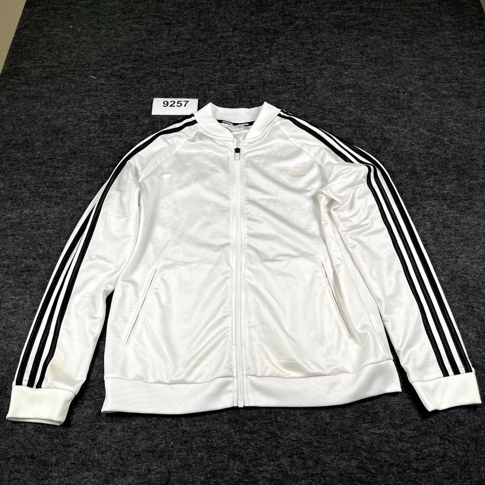 Adidas Track Jacket Womens Large White Full Zip Mock Neck Athletic Casual FLAWED